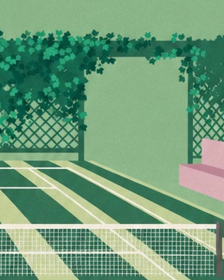 The net and grass court lines in front of the ivy-covered trellises