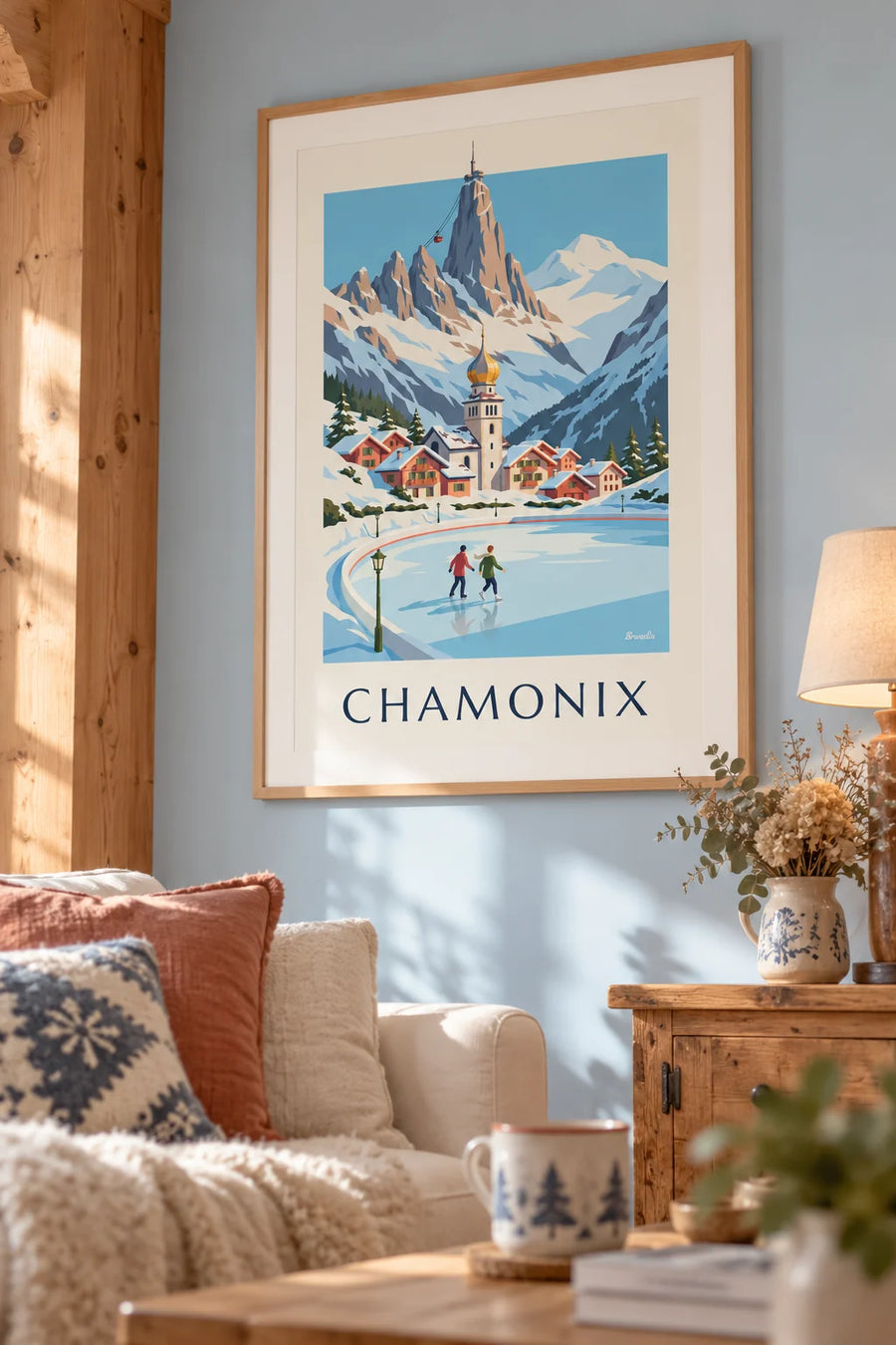Poster mit Schlittschuhläufern auf der Eisbahn von Chamonix und der Aiguille du Midi: gerahmt an der Wand