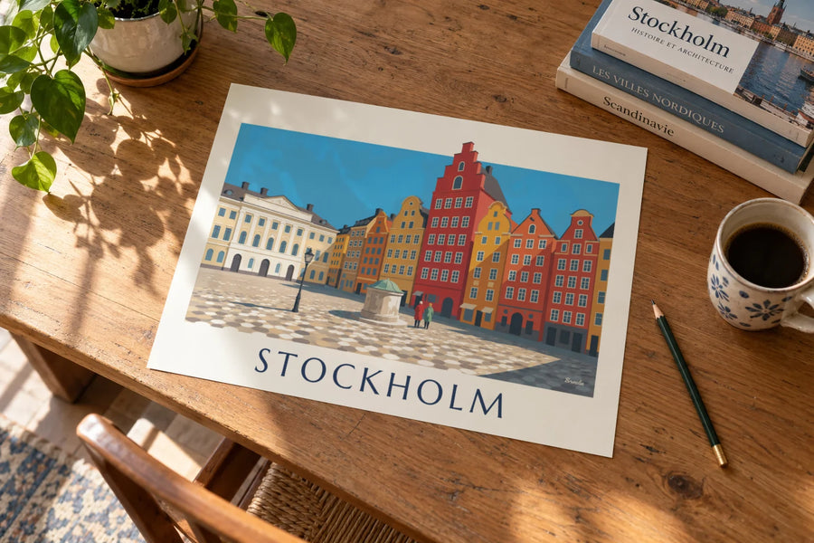 Poster bunte Fassaden am Stortorget in Gamla stan, Stockholm: auf einem Tisch