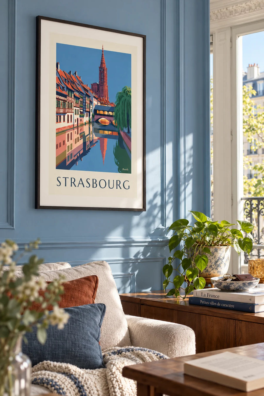 Affiche maisons à colombages et pont couvert de la Petite France à Strasbourg : encadrée au mur