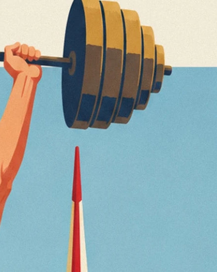 The strongman’s hand gripping the barbell with ochre and dark blue weight plates