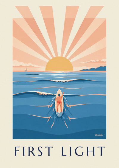 Poster of a surfer paddling out to sea at daybreak: the full poster