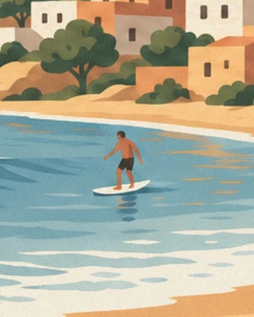 Ein Surfer auf einem weißen Brett vor den ockerfarbenen Häusern und Bäumen am Ufer