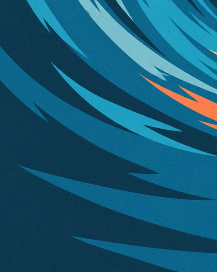 Les courbes bleu profond et turquoise de la vague, ponctuées de touches orange