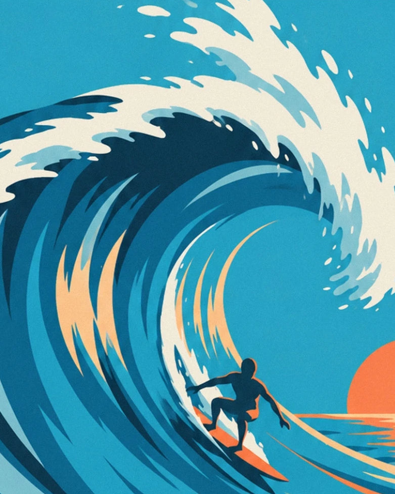 Le surfeur sur sa planche orange au creux d'une vague bleue bordée d'écume blanche