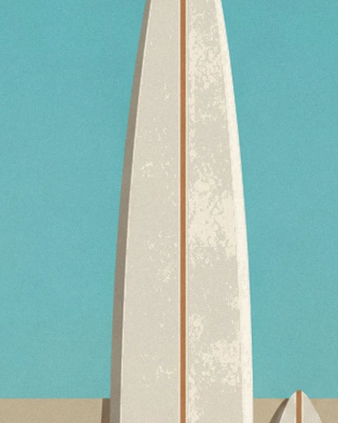 A cream surfboard with a fine brown line, standing against the turquoise sky