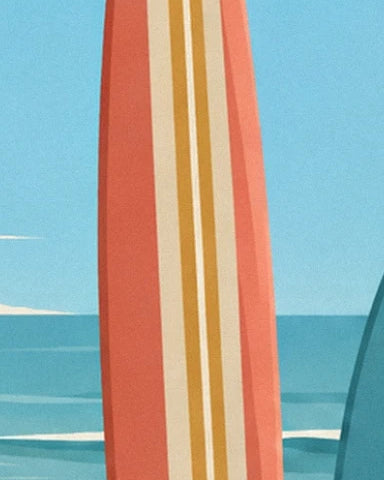 A coral surfboard with cream and ochre bands in front of the blue ocean