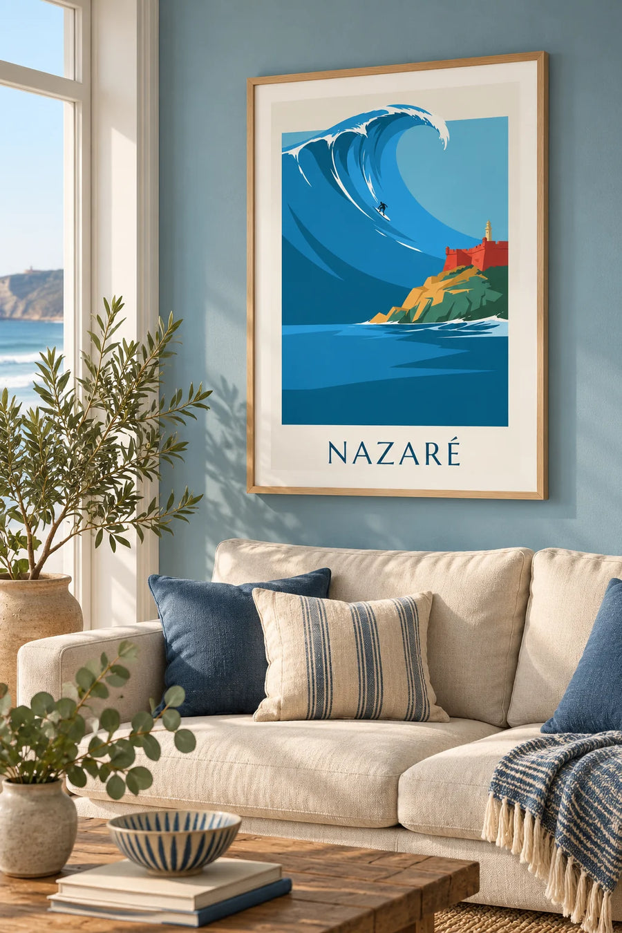 Poster Surfer auf der Riesenwelle von Nazaré in Portugal: gerahmt an der Wand