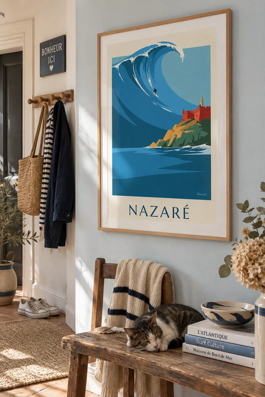 Surfer on the giant wave at Nazaré, Portugal poster: framed on the wall