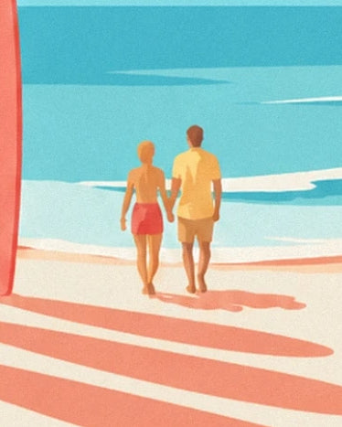 A couple seen from behind at the edge of the turquoise water, between pale sand and white waves
