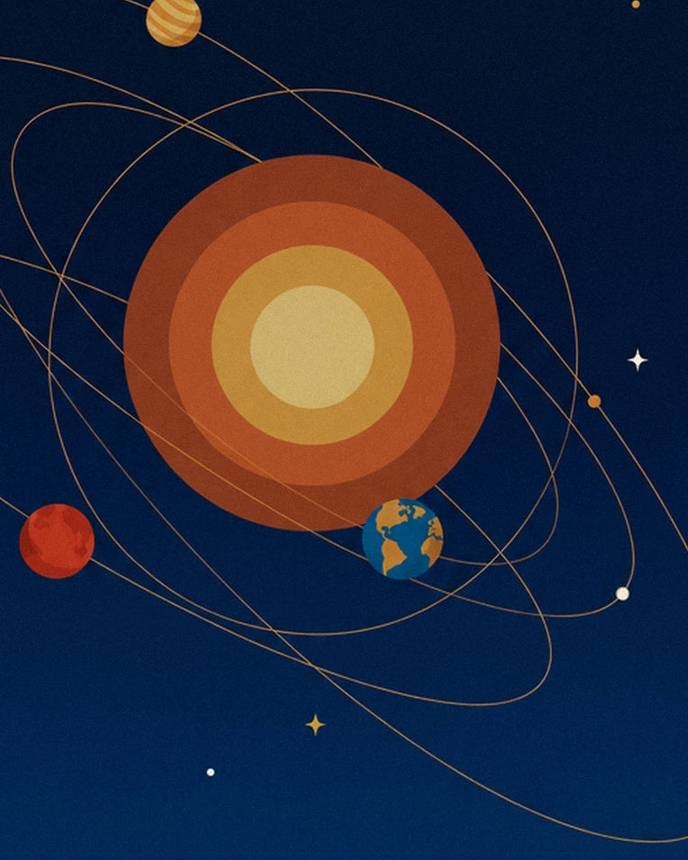 Saturn and orbiting planets midnight blue poster: close-up detail