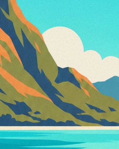 The steep mountains of Tahiti with green and ochre slopes, beneath cream clouds