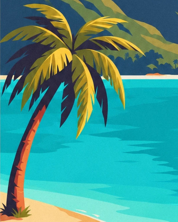 A leaning palm tree with golden fronds on a sandy beach beside the lagoon