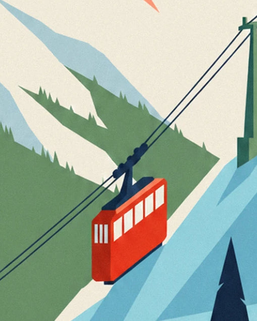 The red cable car on its cables, above green and snowy slopes