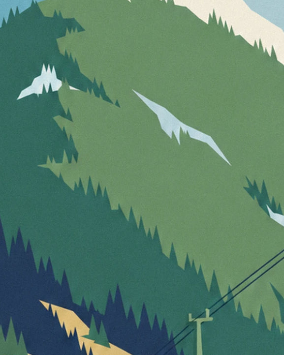 A slope of green fir trees, cable car cables and a pylon, patches of snow