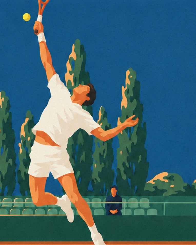 Tennis player smashing on a clay court poster: close-up detail