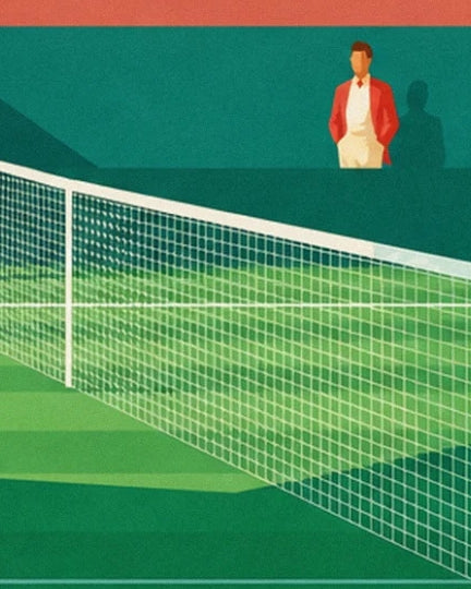 The white net running diagonally across the green court in front of a figure in a red jacket