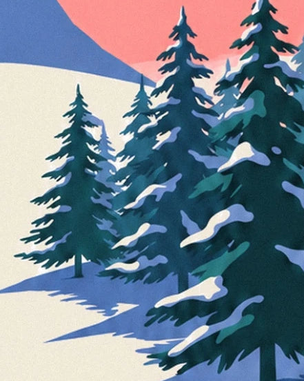 Dark green fir trees laden with snow and their long blue shadows