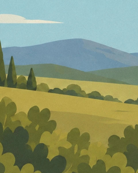 Les collines bleutées derrière les champs dorés, les cyprès et les buissons verts