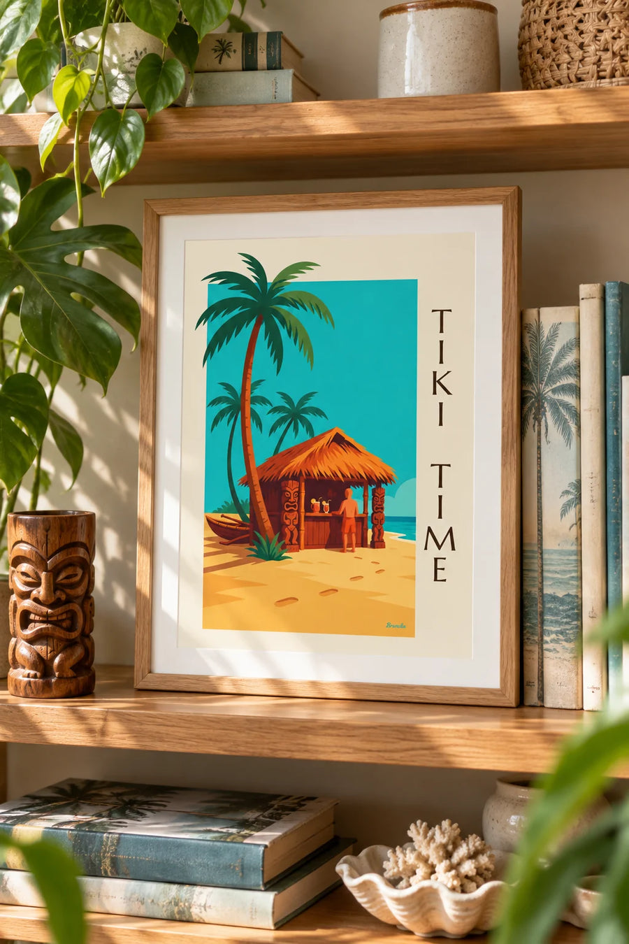 Poster tropische Tiki-Bar am Strand und Palmen: kleines Format A4 gerahmt
