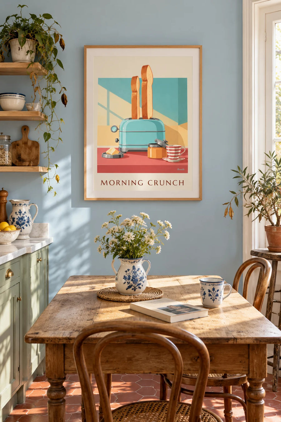 Turquoise toaster and golden toast at breakfast poster: framed on the wall