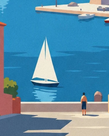 A white sailing boat on the blue water and a figure in shorts near the parapet