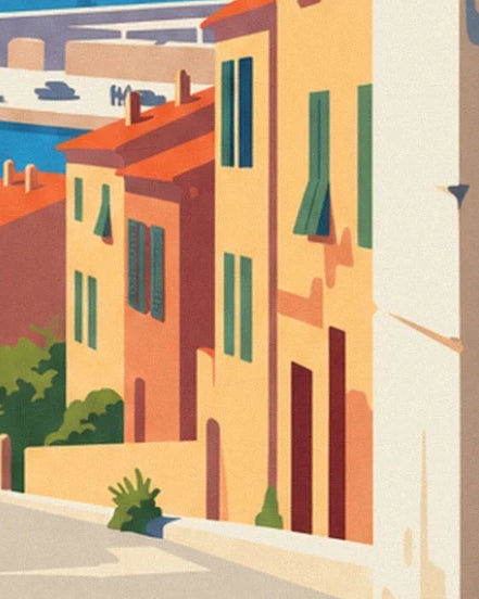 The tall yellow and orange façades with green shutters along the sloping street