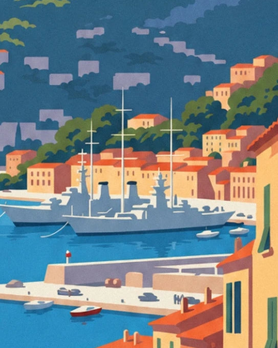 The grey naval ships in the harbour of Toulon, in front of the ochre façades