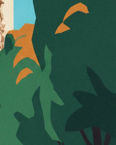 Feuillages vert sapin et vert tendre aux touches orange, devant un coin de ciel bleu