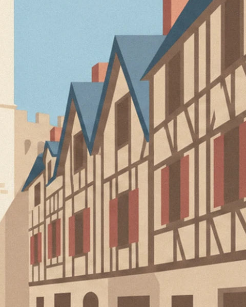 Les pignons pointus à colombages et leurs volets rouges, le long de la rue