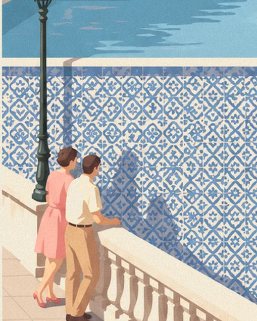 A couple leaning on the balustrade in front of the wall of blue azulejo tiles
