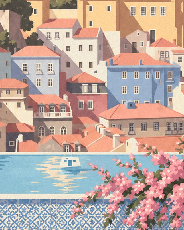 Pastel houses with orange roofs and a small white boat on the Tage