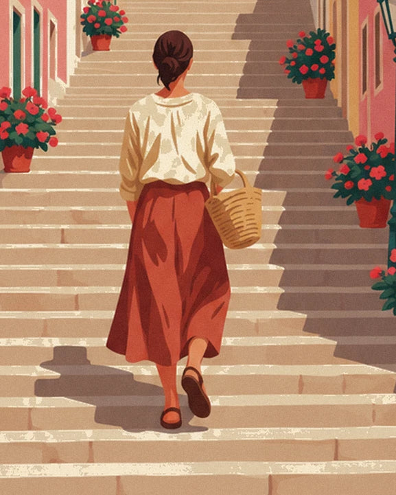 La femme en jupe rouge, son panier en osier au bras, qui monte l'escalier de pierre