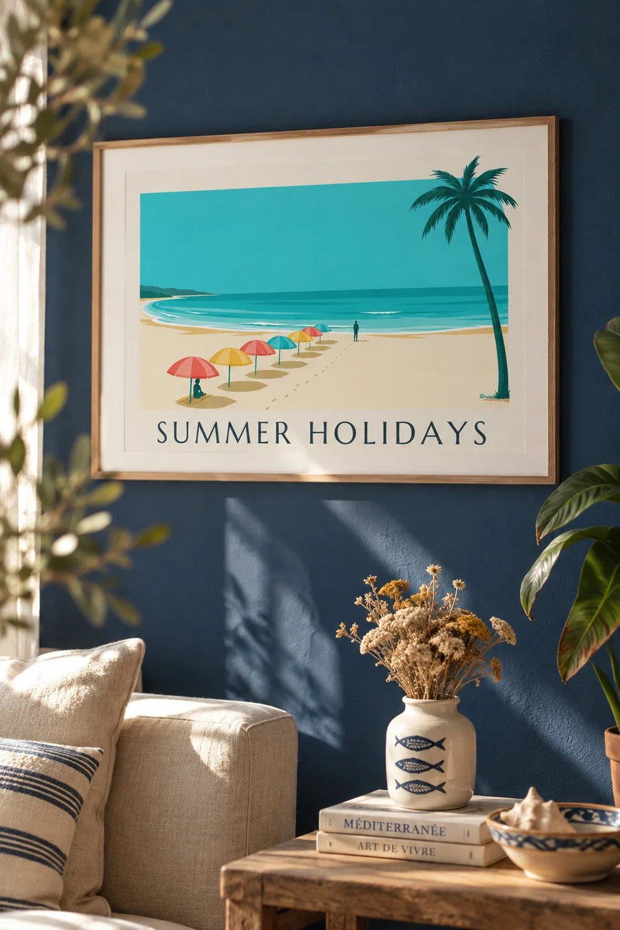 Poster Sommerurlaub, Palmen und bunte Sonnenschirme: gerahmt an der Wand