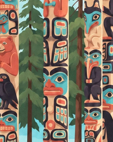Des mâts sculptés aux motifs rouges, noirs et turquoise entre les troncs des conifères