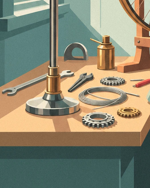 The wooden workbench with sprockets, a coiled cable, spanners and a golden oil can