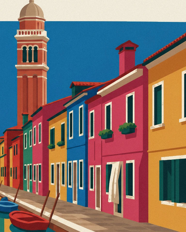 Burano canal, colorful houses and leaning bell tower poster: close-up detail