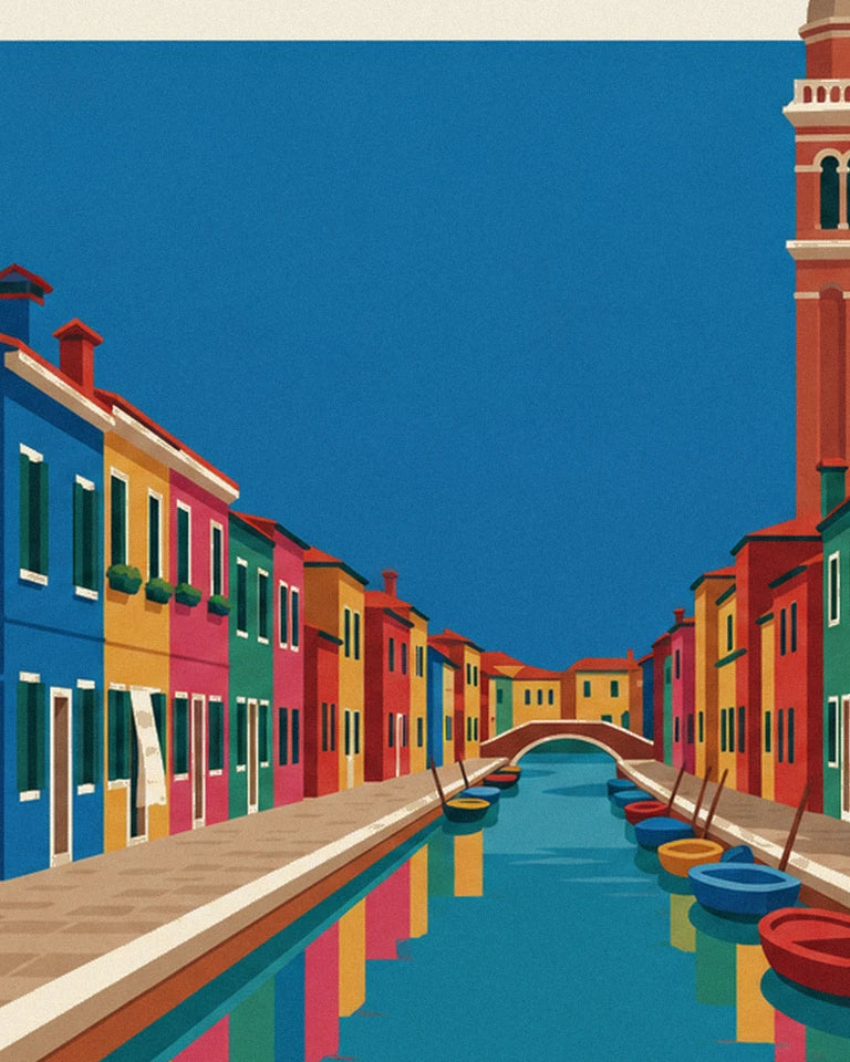 Burano canal, colorful houses and leaning bell tower poster: close-up detail