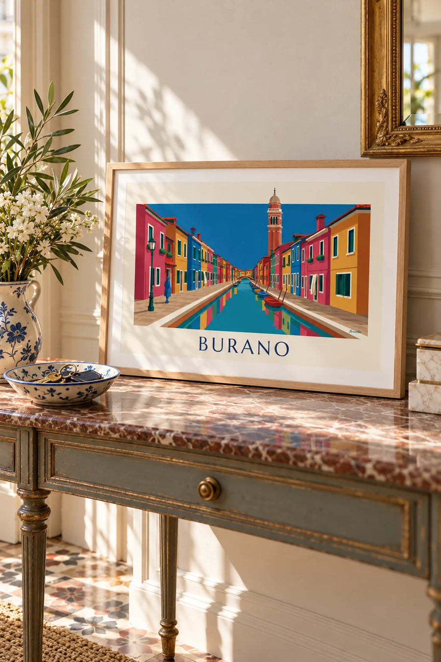 Affiche canal et maisons colorées de Burano, campanile penché : petit format A4 encadré