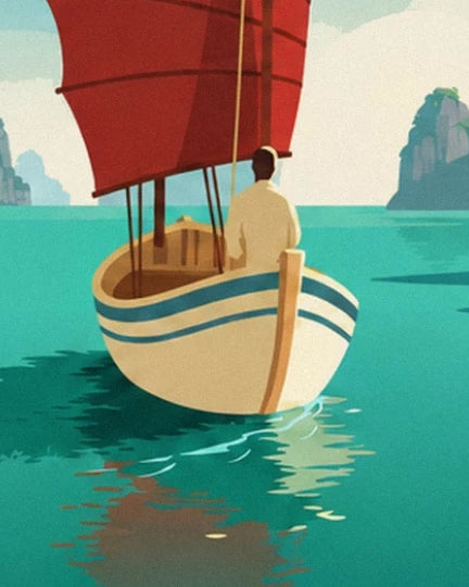 The sailor seen from behind in the cream junk boat with blue stripes, on turquoise water