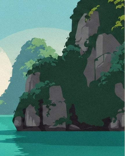 The grey cliff covered in dark vegetation beside the turquoise waters