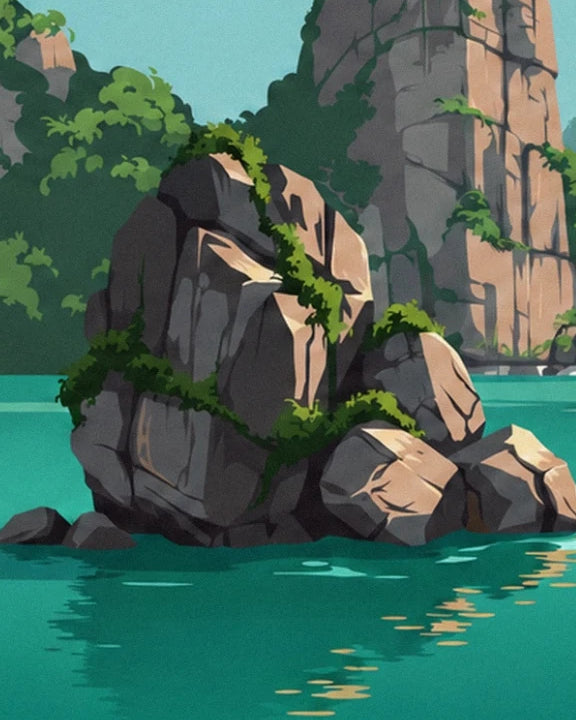 Rocks with golden faces and dense vegetation in the turquoise water
