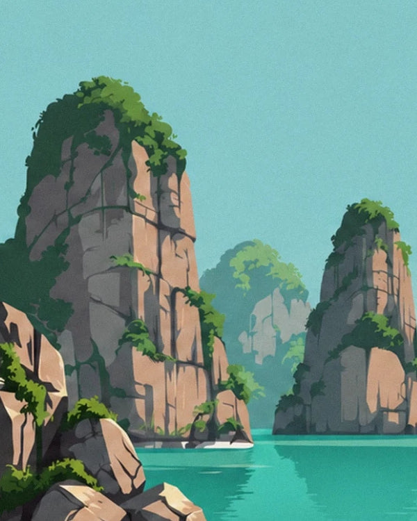 Rocky peaks with golden faces and green vegetation in the bay of Ha Long