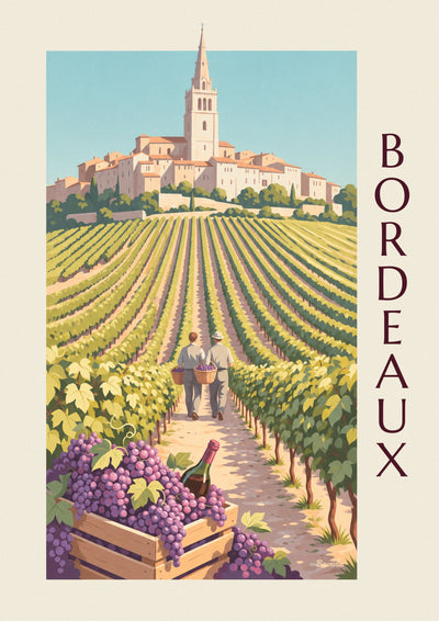 Poster Weinlese in Saint-Émilion, Traubenkiste und goldene Weinberge: das ganze Poster