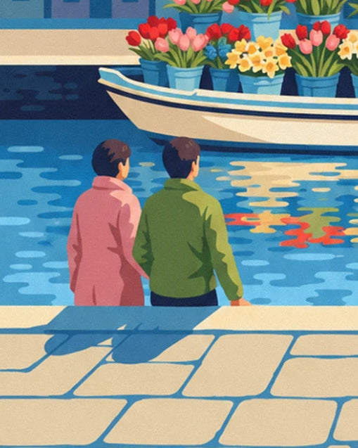 The couple seen from behind, in a pink coat and green jacket, facing the canal and flower-filled boats