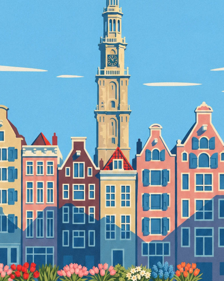 The clock tower rising above the pink, beige and brown façades, beneath a blue sky