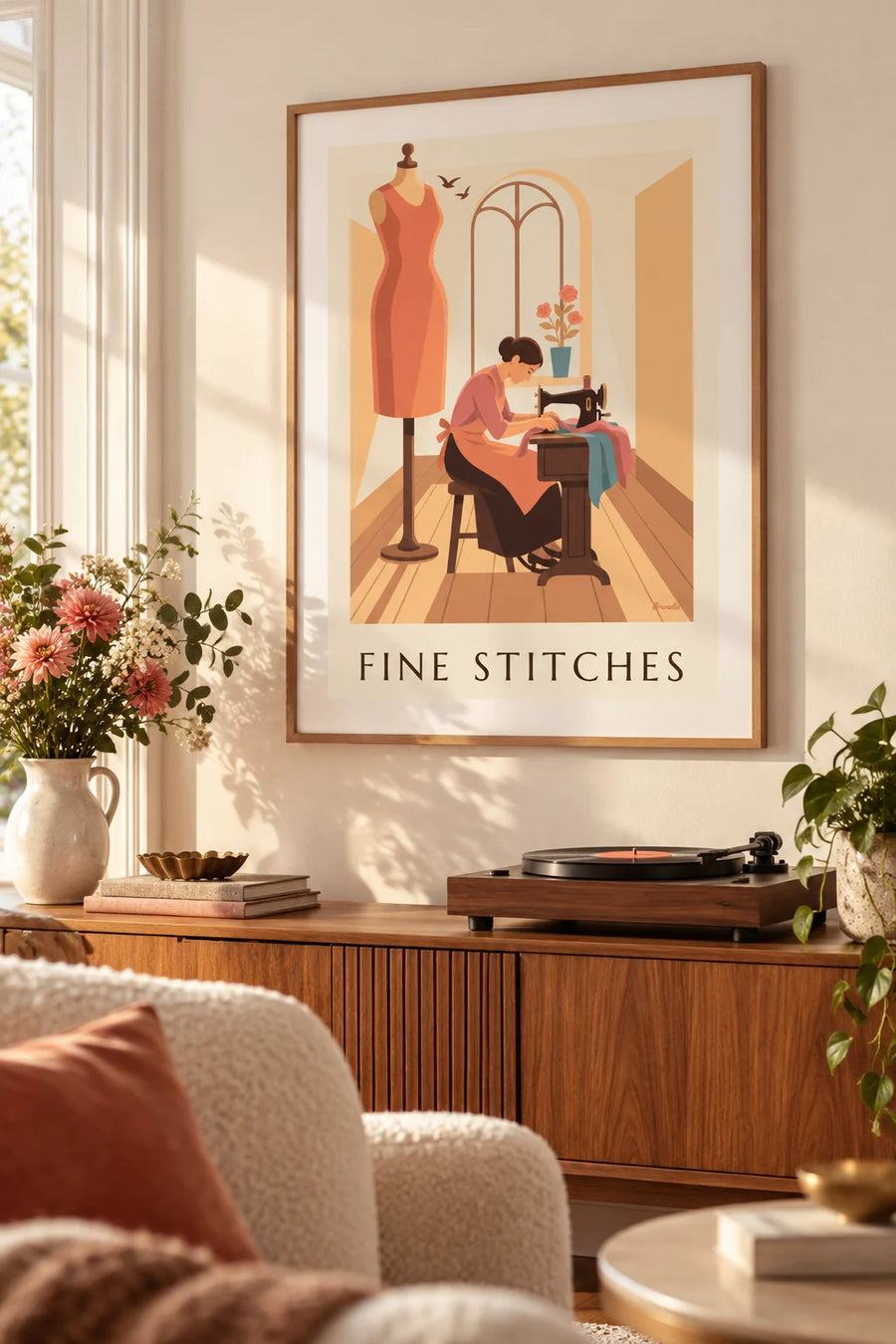 Poster Näherin an der Tretnähmaschine mit Schneiderpuppe: gerahmt an der Wand
