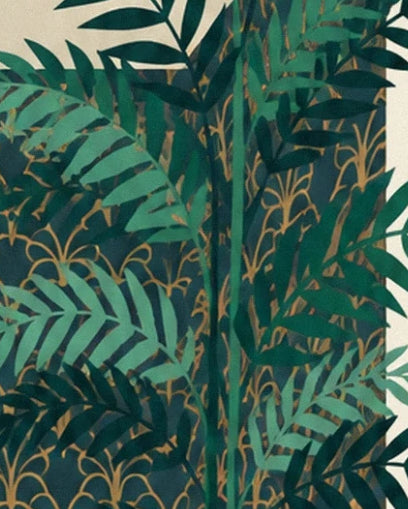 Overlapping green leaves in front of petrol blue wallpaper with golden patterns