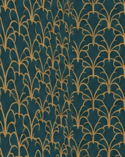 Petrol blue wallpaper with golden plant motifs arranged in columns
