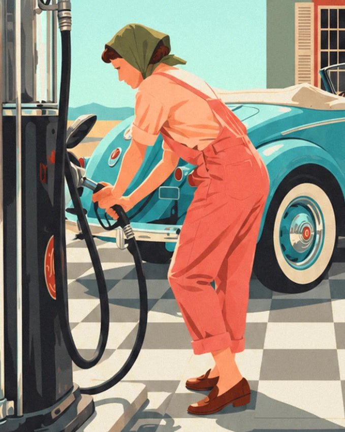 The pin-up in a green headscarf and coral dungarees filling up the turquoise convertible